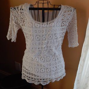 Ladies Christopher & Banks White Crocheted Blouse - Shirt w/ attached Tank sz LP